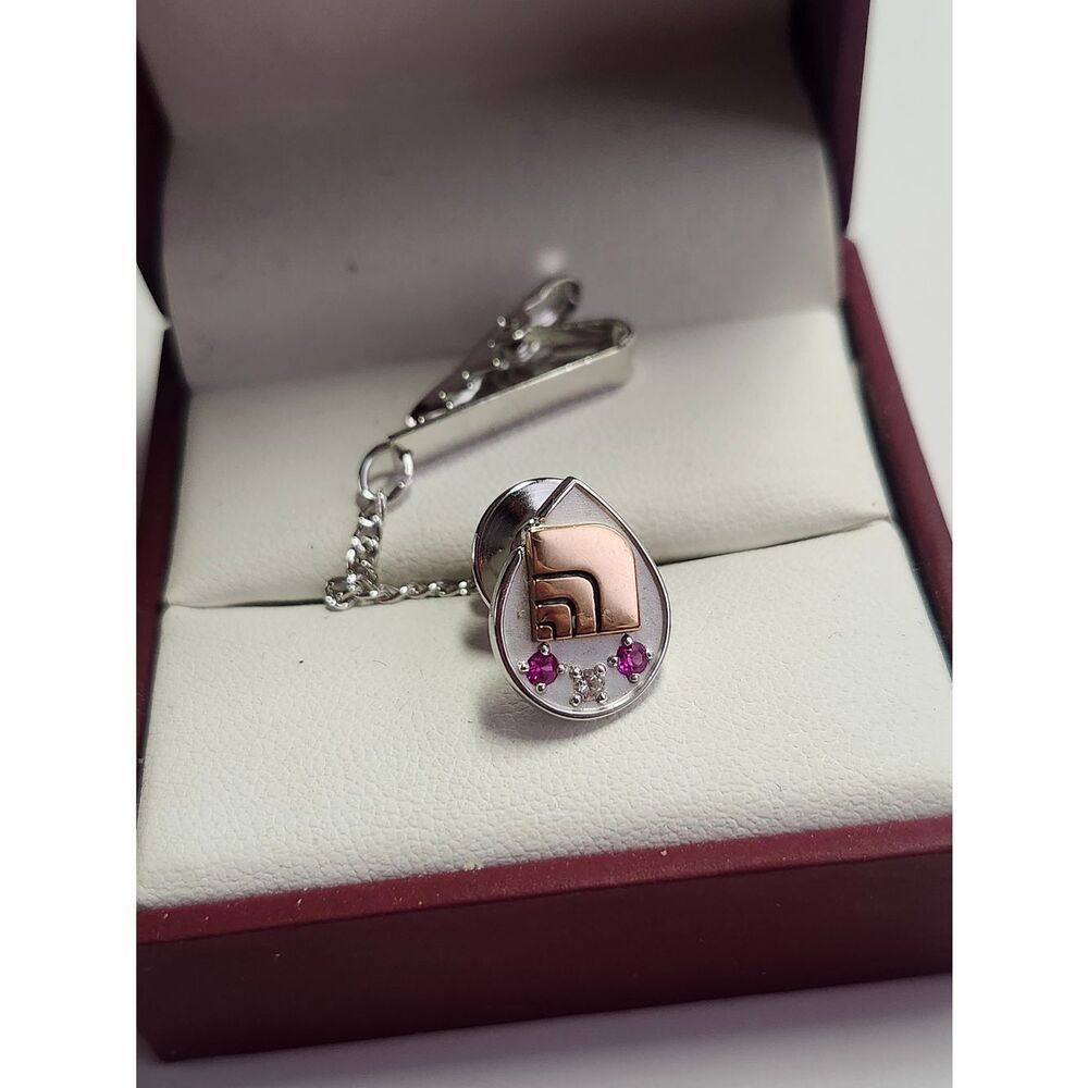 10K White Gold Teardrop Tie Tack with Rose Gold Ruby Diamond Sterling Clip 925